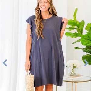 Easy, Breezy Casual Navy Summer Dress with Flutter Sleeves and Pockets